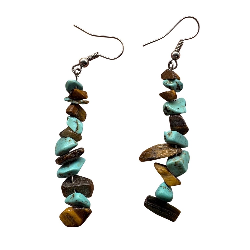 Turquoise and Tiger's Eye Gemstone Chip Dangle Earrings Silver Tone‎ Boho